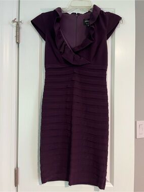 Xscape Plum Ruffle V-Neck Midi Dress